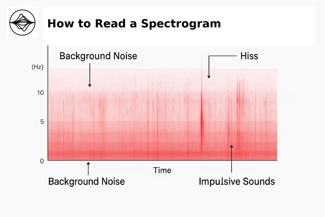 Annotated audio spectrogram showing time, frequency, background noise, hiss and impulsive events