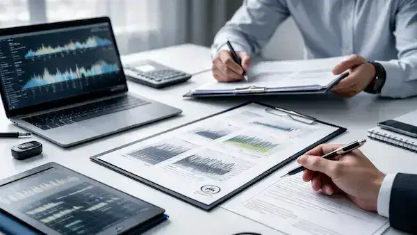 Technical review of an audio report and waveform material during forensic audio consulting