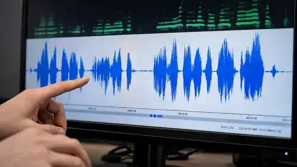 Audio waveform and spectral display used in forensic audio examination
