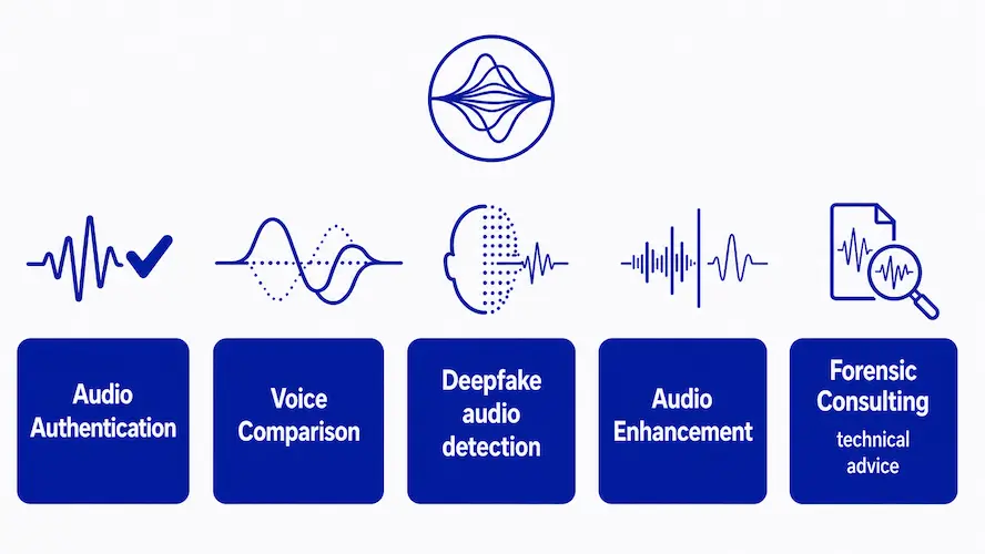Overview of forensic audio services including authentication, voice comparison, restoration, deepfake analysis and consulting