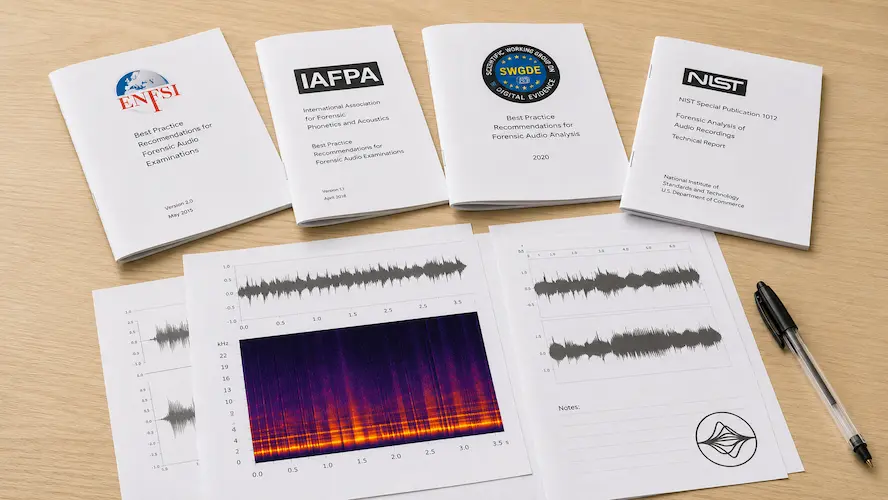 Forensic audio best-practice manuals and technical documentation used as methodological references