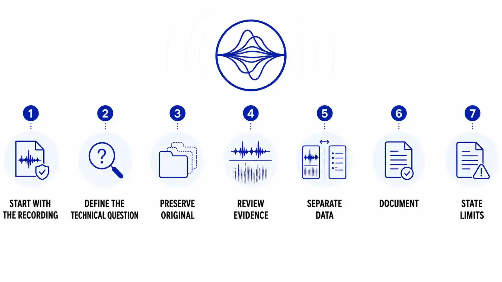 Forensic audio methodology workflow covering preservation, examination, validation, quality control and technical reporting